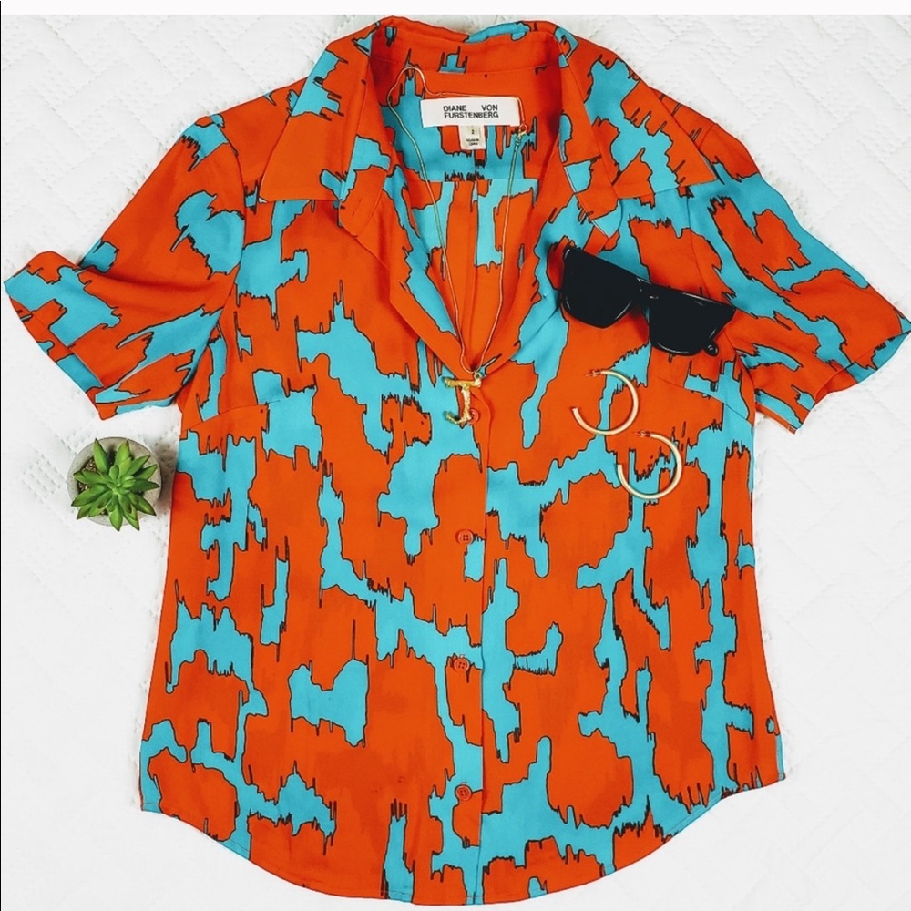 Diane Von Furstenberg Orange and Turquoise Abstract Print Silk Blouse
